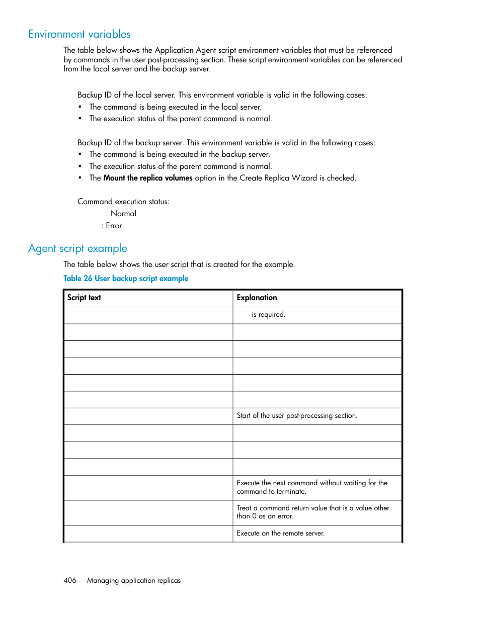 User backup script example, Agent script example, Environment variables | HP XP P9000 Command View Advanced Edition Software User Manual | Page 406 / 468