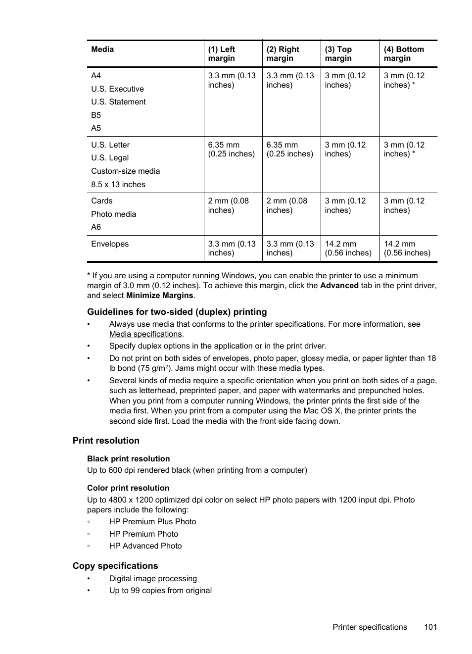 Guidelines for two-sided (duplex) printing, Print resolution, Copy specifications | Guidelines for two-sided (duplex) printing a, See guidelines for two-sided (duplex) printing | HP Officejet 150 Mobile All-in-One Printer - L511a User Manual | Page 105 / 138