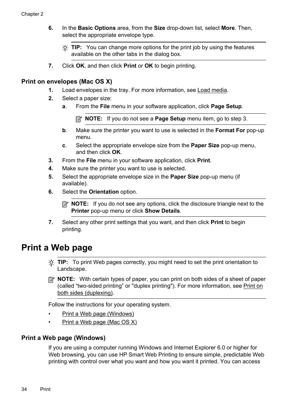 Print on envelopes (mac os x), Print a web page | HP Officejet 150 Mobile All-in-One Printer - L511a User Manual | Page 38 / 138