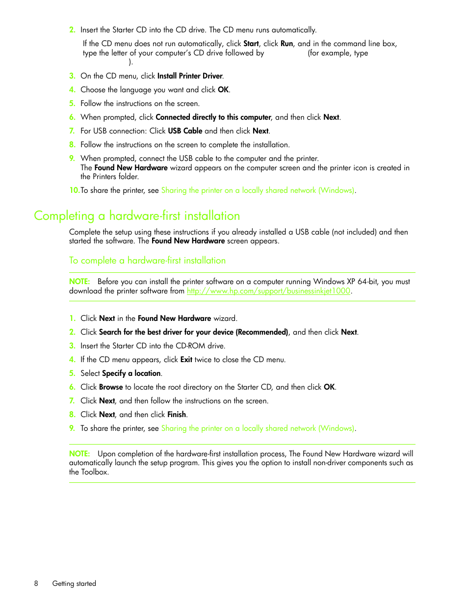 Completing a hardware-first installation, To complete a hardware-first installation | HP Business Inkjet 1000 Printer User Manual | Page 11 / 96