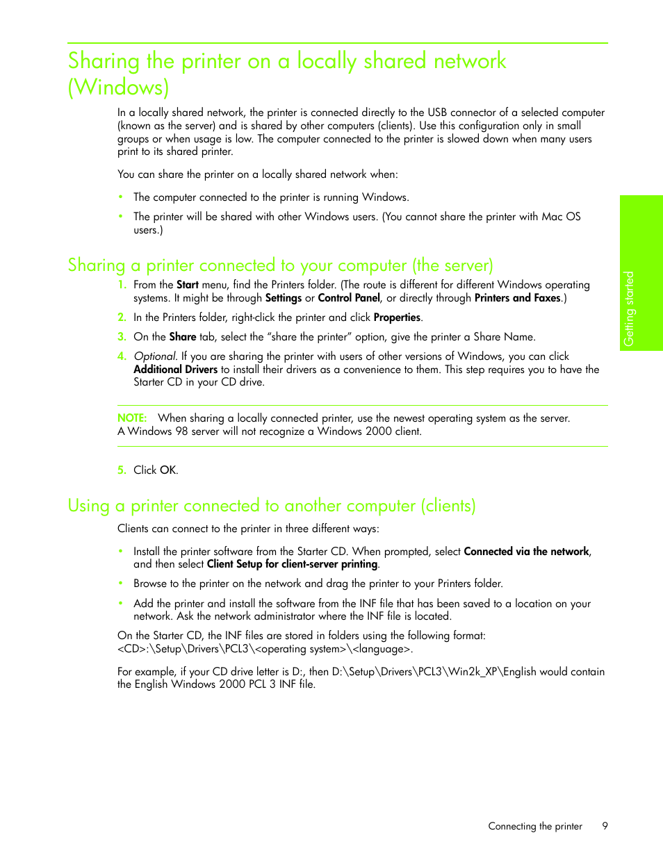 Sharing the printer on a, Locally shared network (windows) | HP Business Inkjet 1000 Printer User Manual | Page 12 / 96