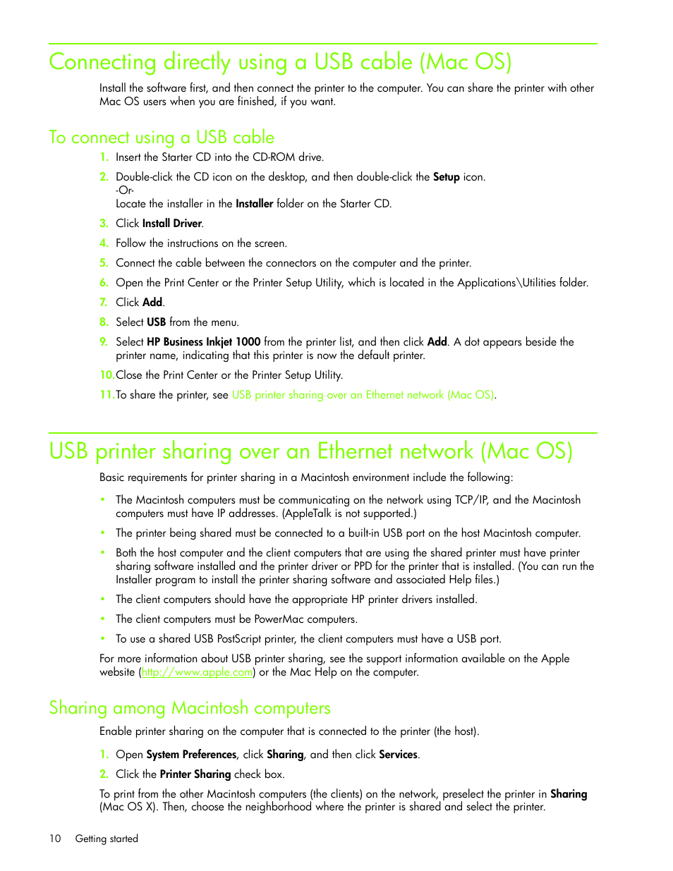 Connecting directly using a usb cable (macos), To connect using a usb cable, Sharing among macintosh computers | Connecting, Directly using a usb cable (mac os), Connecting directly using a usb cable (mac os) | HP Business Inkjet 1000 Printer User Manual | Page 13 / 96