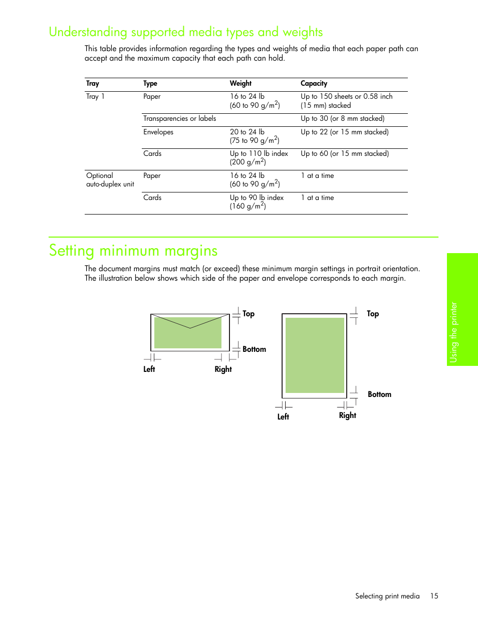 Understanding supported media types and weights, Setting minimum margins | HP Business Inkjet 1000 Printer User Manual | Page 18 / 96