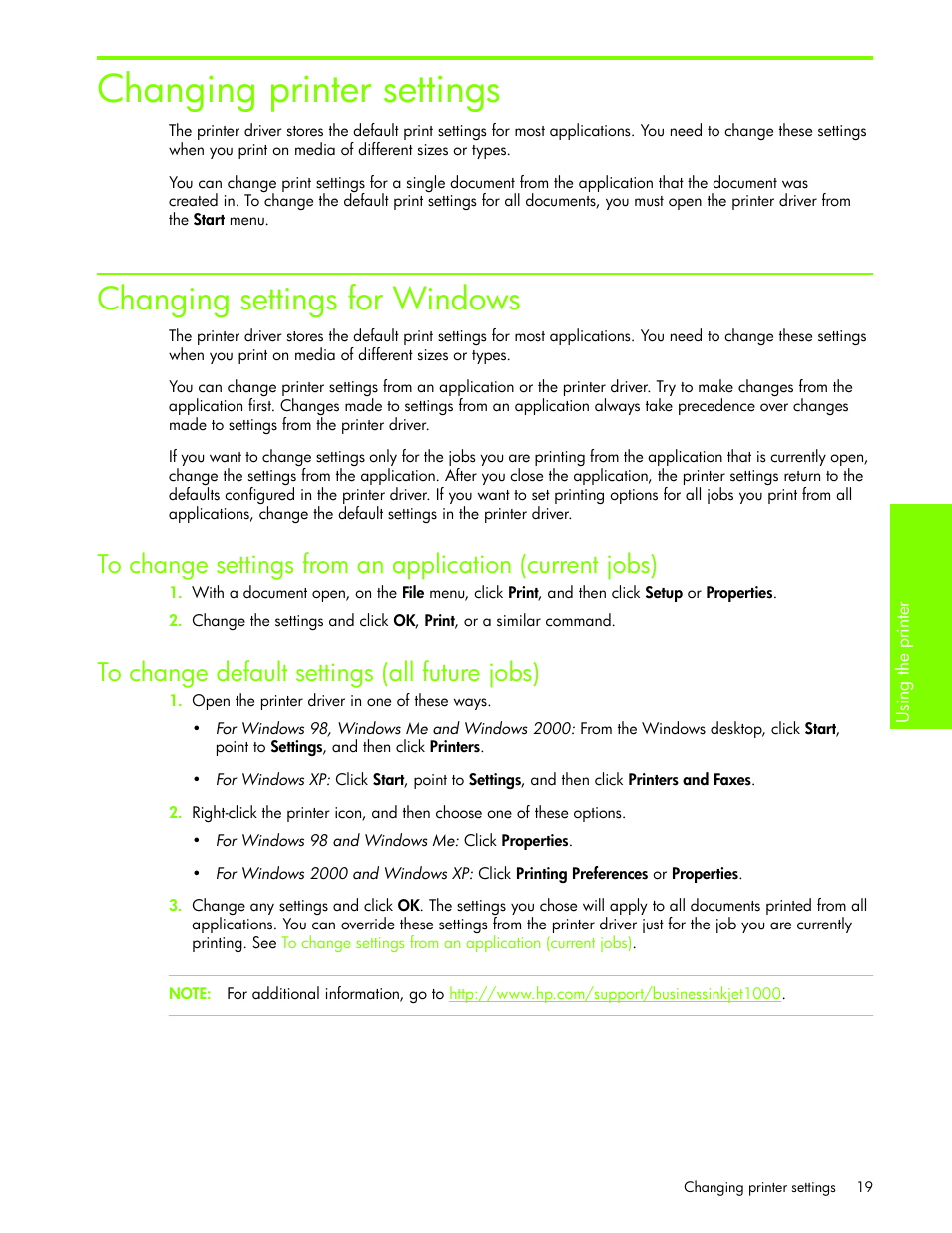 Changing printer settings, Changing settings for windows, To change default settings (all future jobs) | HP Business Inkjet 1000 Printer User Manual | Page 22 / 96