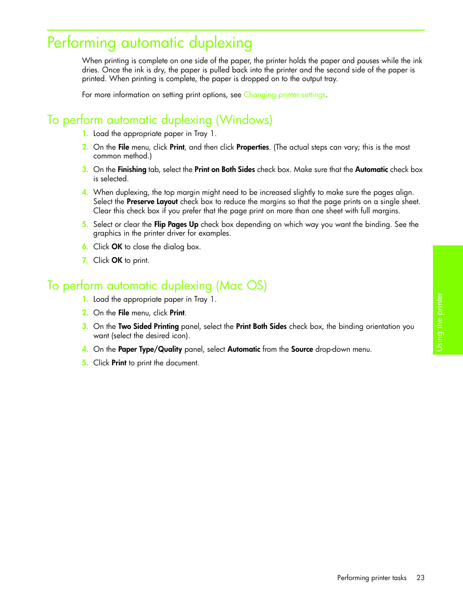 Performing automatic duplexing, To perform automatic duplexing (windows), To perform automatic duplexing (mac os) | HP Business Inkjet 1000 Printer User Manual | Page 26 / 96