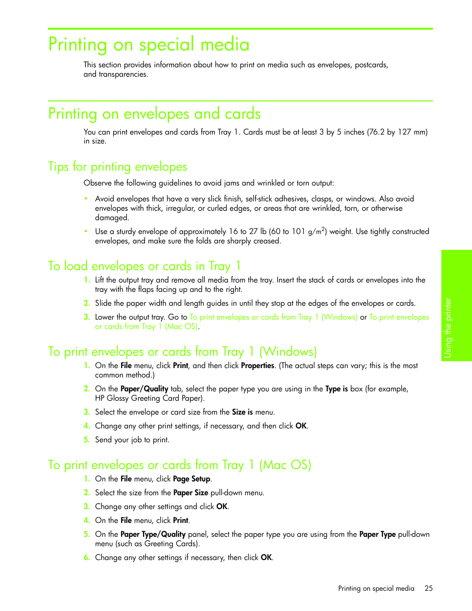 Printing on special media, Printing on envelopes and cards, Tips for printing envelopes | To load envelopes or cards in tray1, To print envelopes or cards from tray1 (windows), To print envelopes or cards from tray1 (mac os) | HP Business Inkjet 1000 Printer User Manual | Page 28 / 96