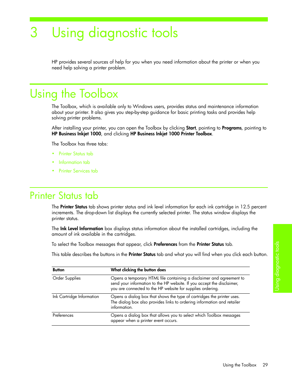 Using diagnostic tools, Using the toolbox, Printer status tab | 3 using diagnostic tools | HP Business Inkjet 1000 Printer User Manual | Page 32 / 96