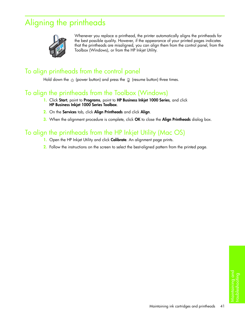 Aligning the printheads, To align printheads from the control panel, To align the printheads from the toolbox (windows) | HP Business Inkjet 1000 Printer User Manual | Page 44 / 96