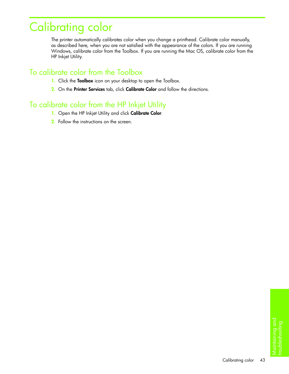 Calibrating color, To calibrate color from the toolbox, To calibrate color from the hpinkjet utility | HP Business Inkjet 1000 Printer User Manual | Page 46 / 96