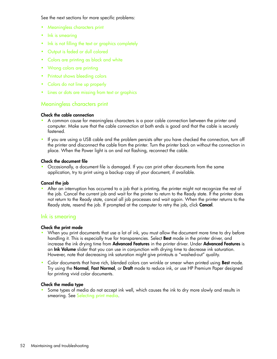 Meaningless characters print, Ink is smearing | HP Business Inkjet 1000 Printer User Manual | Page 55 / 96