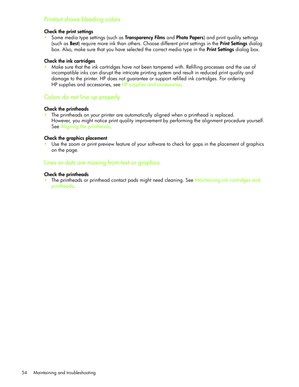 Printout shows bleeding colors, Colors do not line up properly, Lines or dots are missing from text or graphics | HP Business Inkjet 1000 Printer User Manual | Page 57 / 96
