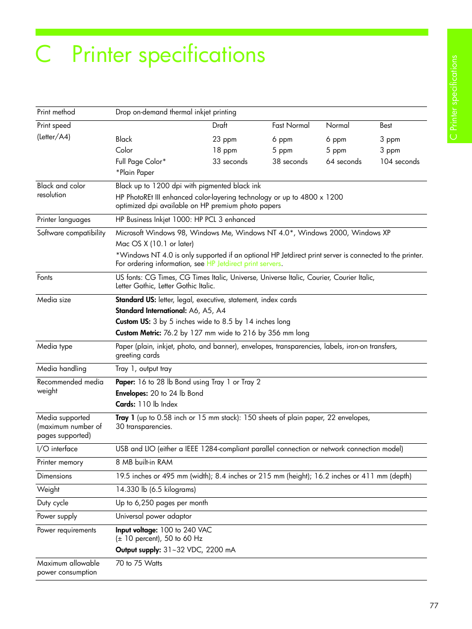Printer specifications, C printer specifications | HP Business Inkjet 1000 Printer User Manual | Page 80 / 96
