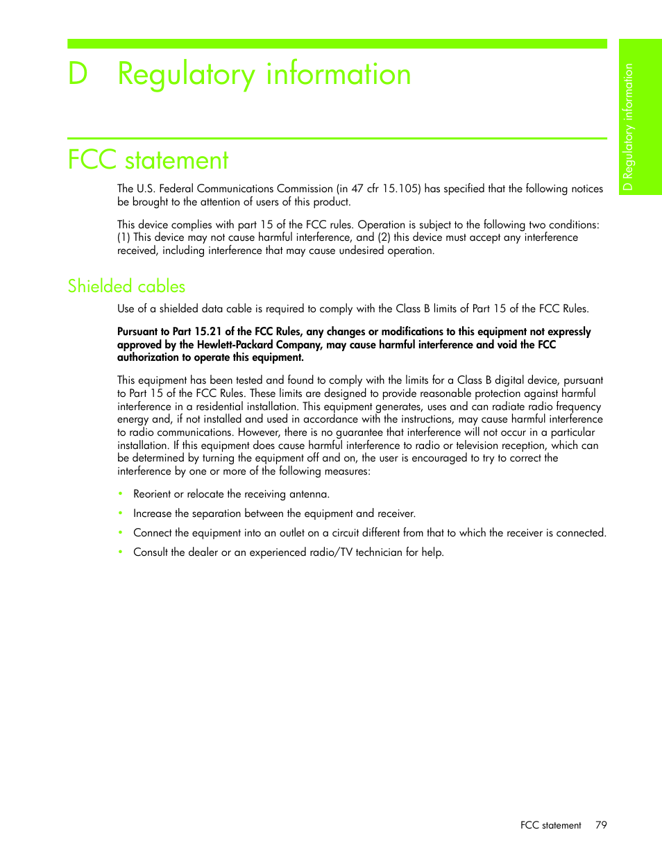 Regulatory information, Fcc statement, Shielded cables | D regulatory information | HP Business Inkjet 1000 Printer User Manual | Page 82 / 96
