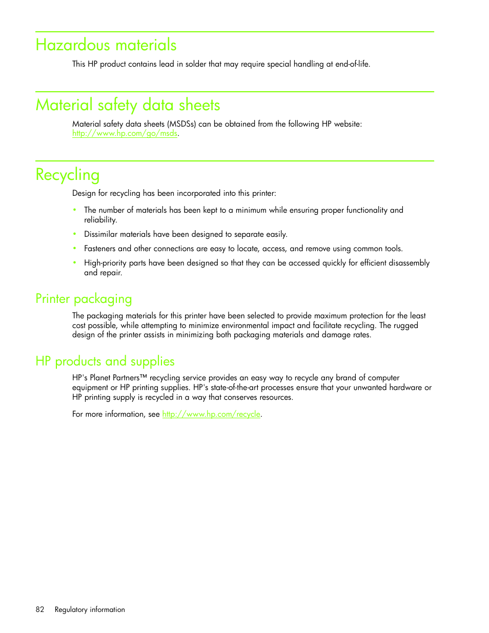 Hazardous materials, Material safety data sheets, Recycling | Printer packaging, Hpproducts and supplies, Hp products and supplies | HP Business Inkjet 1000 Printer User Manual | Page 85 / 96