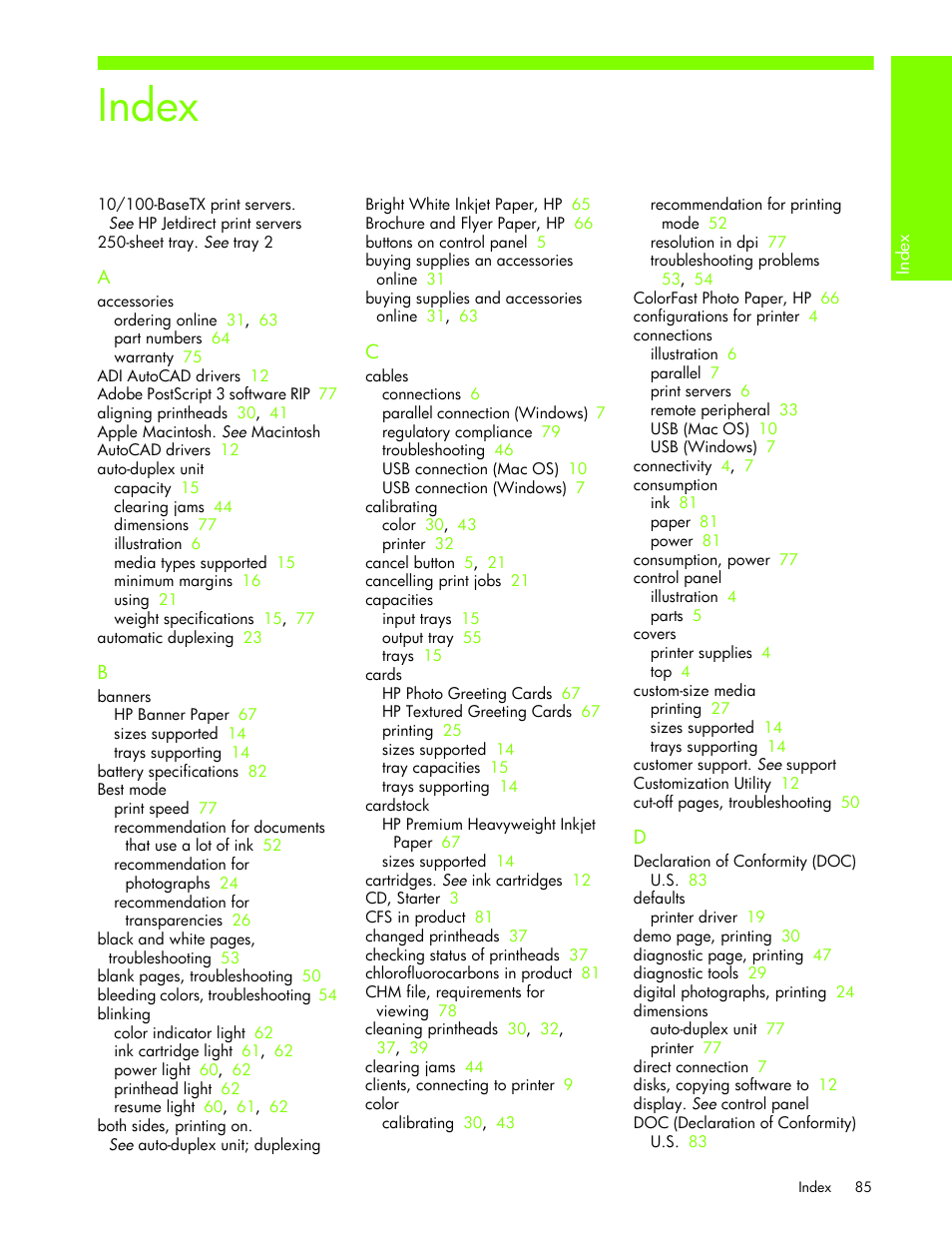Index | HP Business Inkjet 1000 Printer User Manual | Page 88 / 96