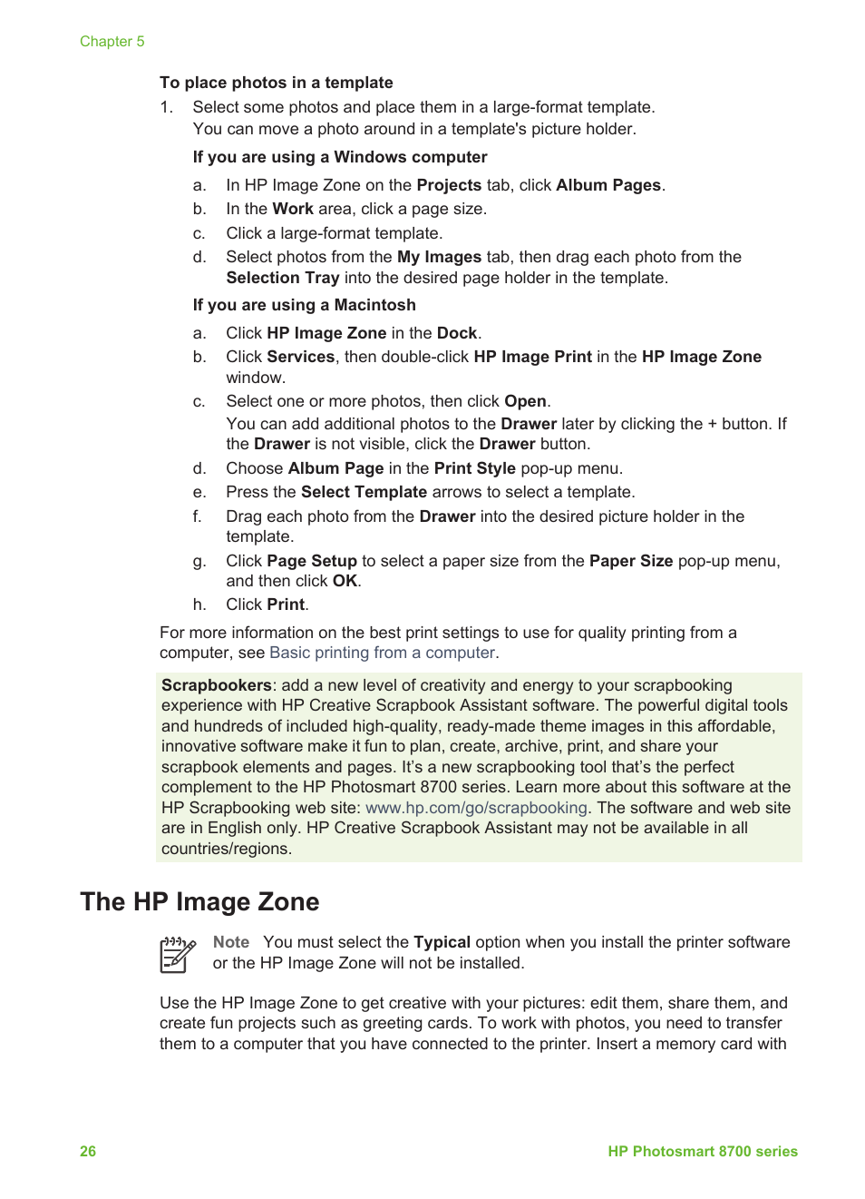 The hp image zone, Using the hp image zone | HP Photosmart 8750 Professional Photo Printer User Manual | Page 30 / 83