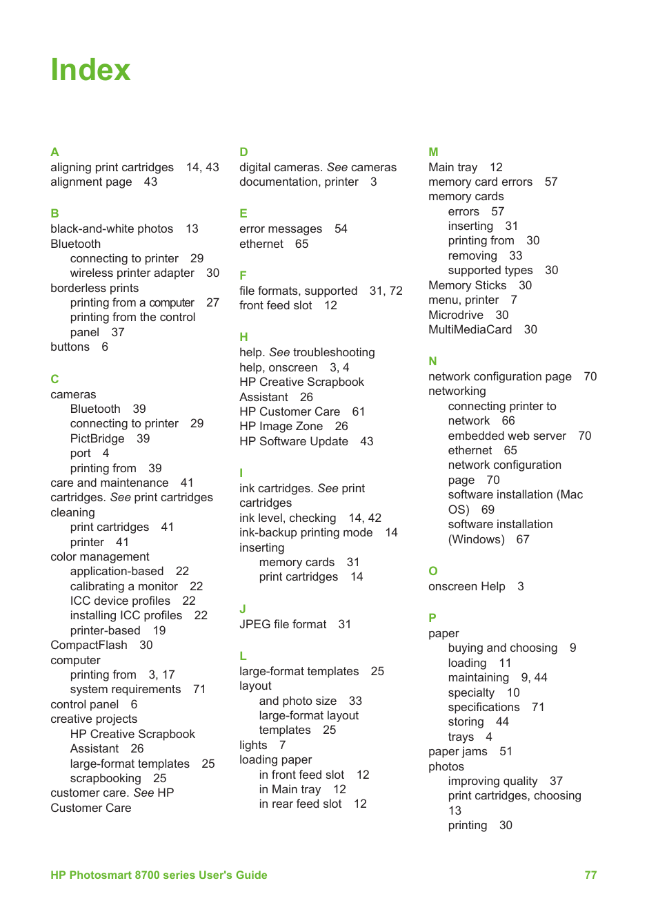 Index | HP Photosmart 8750 Professional Photo Printer User Manual | Page 81 / 83