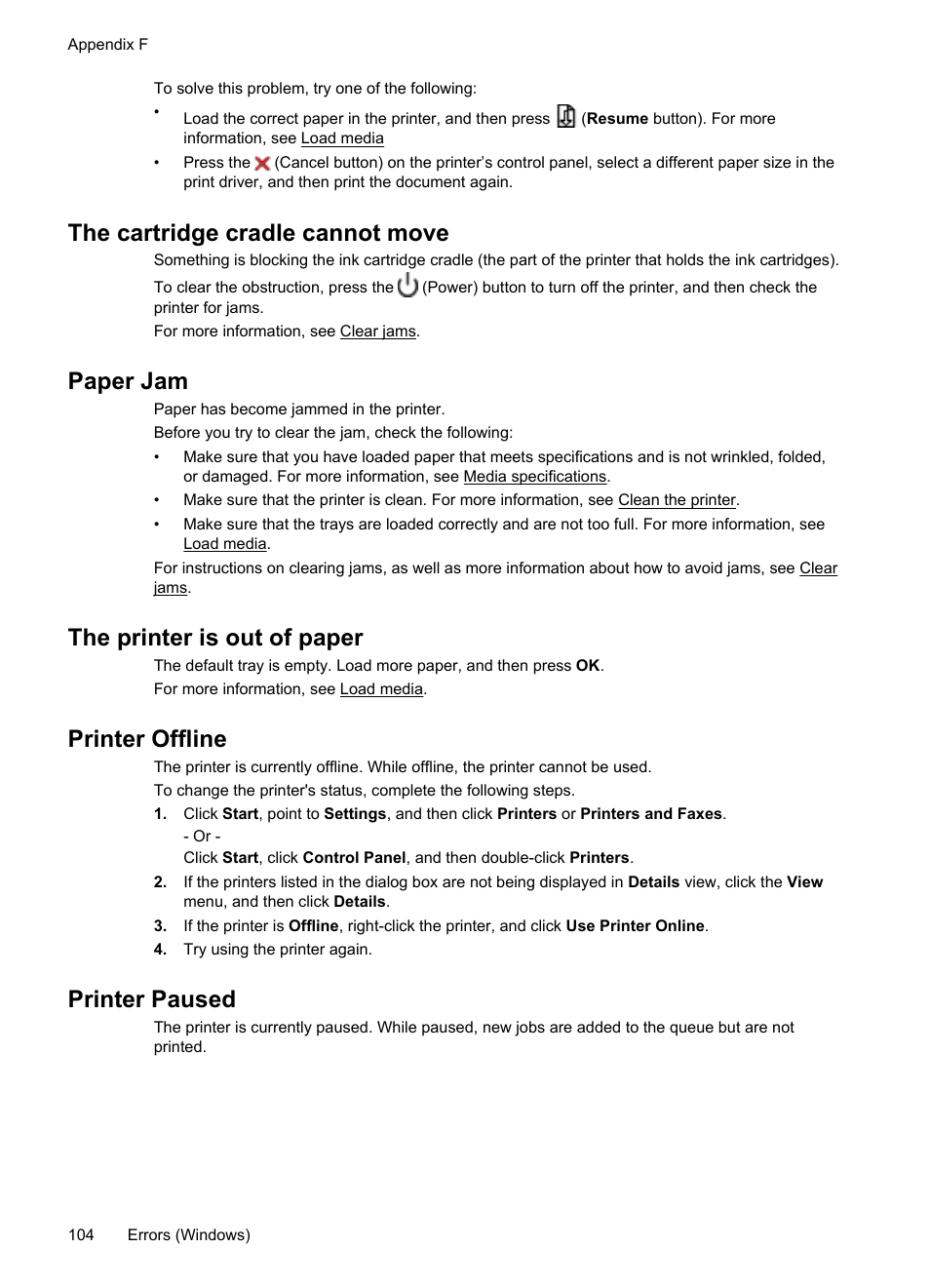 Rmation, see paper jam. a, The cartridge cradle cannot move, Paper jam | The printer is out of paper, Printer offline, Printer paused | HP Officejet 100 Mobile Printer - L411a User Manual | Page 108 / 116