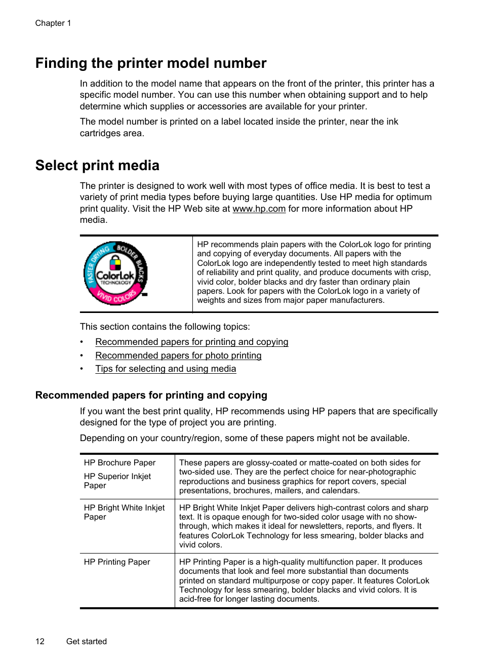 Finding the printer model number, Select print media, Recommended papers for printing and copying | HP Officejet 100 Mobile Printer - L411a User Manual | Page 16 / 116