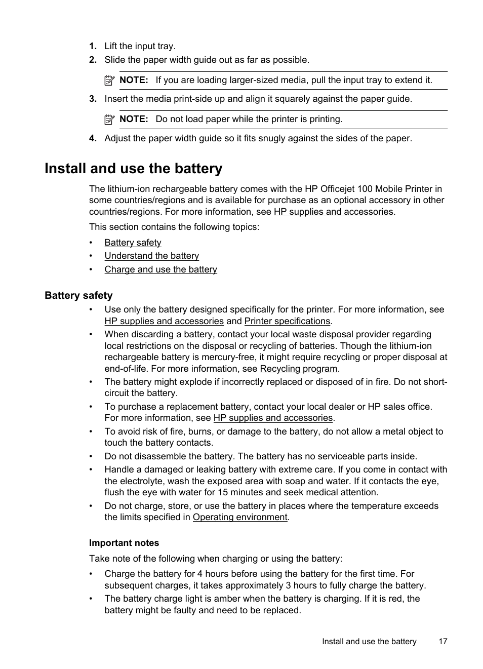 Install and use the battery, Battery safety | HP Officejet 100 Mobile Printer - L411a User Manual | Page 21 / 116