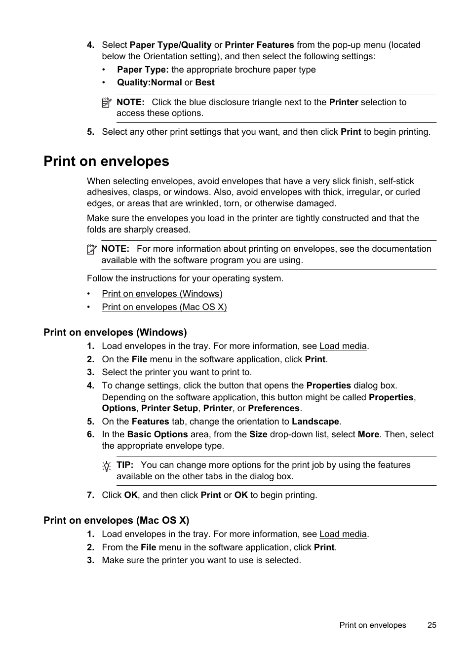 Print on envelopes, Print on envelopes (windows), Print on envelopes (mac os x) | HP Officejet 100 Mobile Printer - L411a User Manual | Page 29 / 116