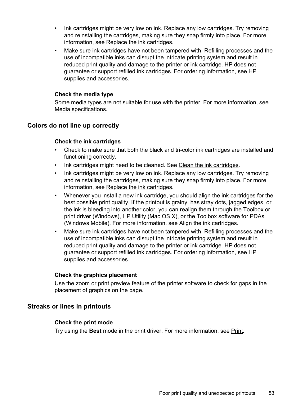 Colors do not line up correctly, Streaks or lines in printouts | HP Officejet 100 Mobile Printer - L411a User Manual | Page 57 / 116