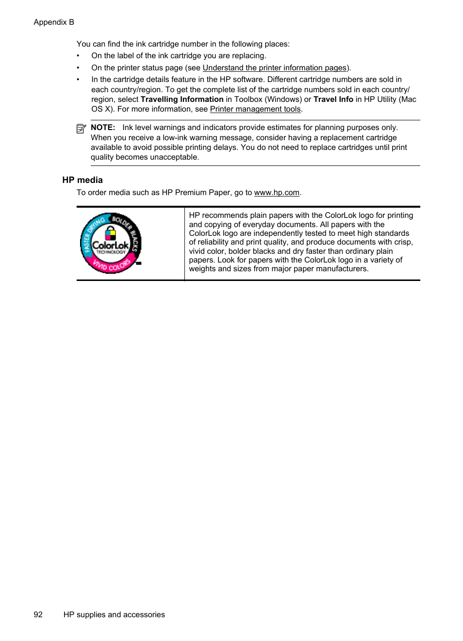 Hp media, Rtridges | HP Officejet 100 Mobile Printer - L411a User Manual | Page 96 / 116