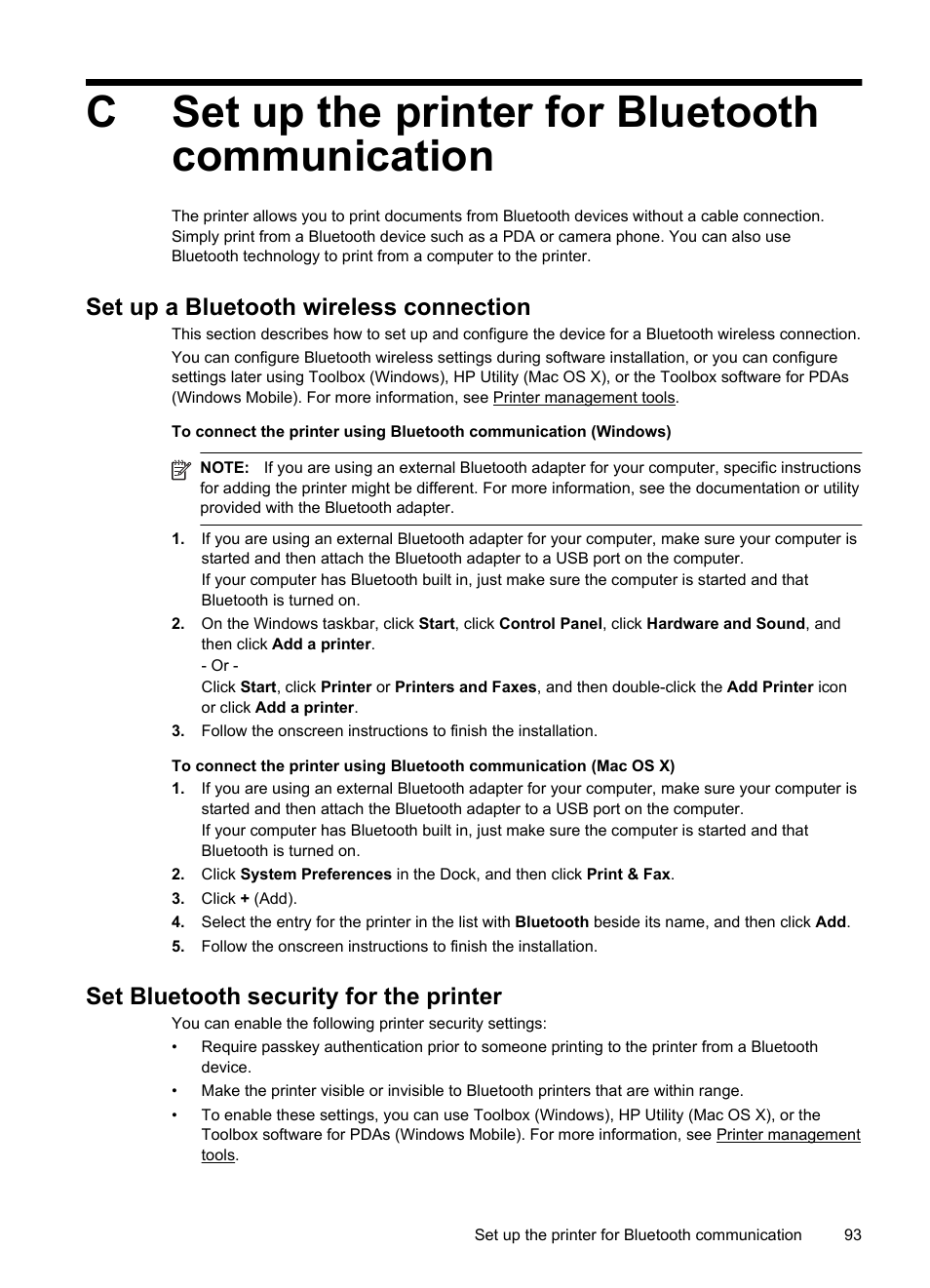 Set up the printer for bluetooth communication, Set up a bluetooth wireless connection, Set bluetooth security for the printer | C set up the printer for bluetooth communication, See set up the printer for bluetooth communication, Set up the printer, For bluetooth communication, Cset up the printer for bluetooth communication | HP Officejet 100 Mobile Printer - L411a User Manual | Page 97 / 116