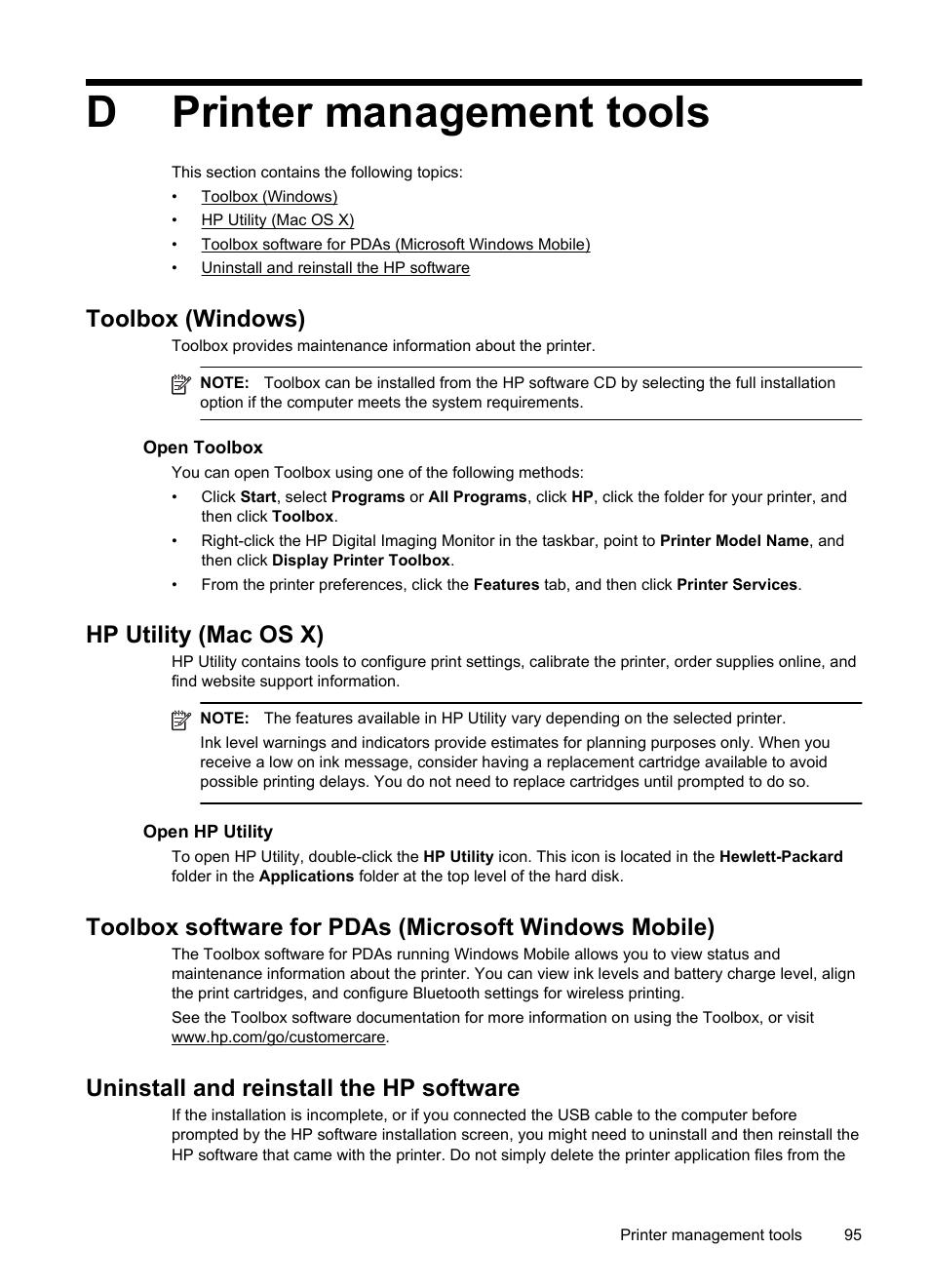 Printer management tools, Toolbox (windows), Hp utility (mac os x) | Uninstall and reinstall the hp software, D printer management tools, Toolbox (windows).), E hp utility (mac os x).), Ation, see toolbox (windows). click, Toolbox (windows). click, See hp utility (mac os x) | HP Officejet 100 Mobile Printer - L411a User Manual | Page 99 / 116