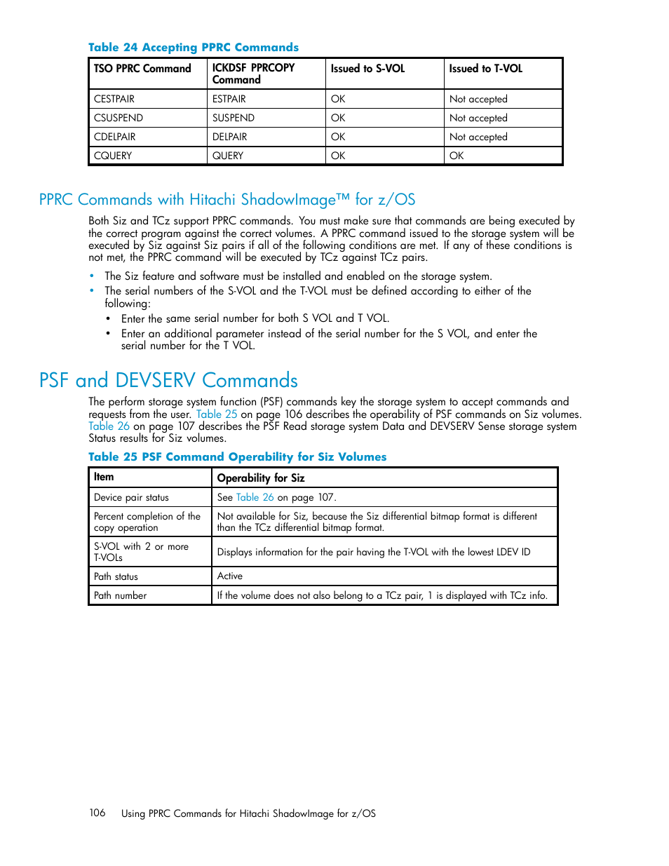 Pprc commands with hitachi shadowimage for z/os, Psf and devserv commands, 24 accepting pprc commands | 106 25 psf command operability for siz volumes, Pprc commands with hitachi shadowimage™ for z/os | HP StorageWorks XP Remote Web Console Software User Manual | Page 106 / 116