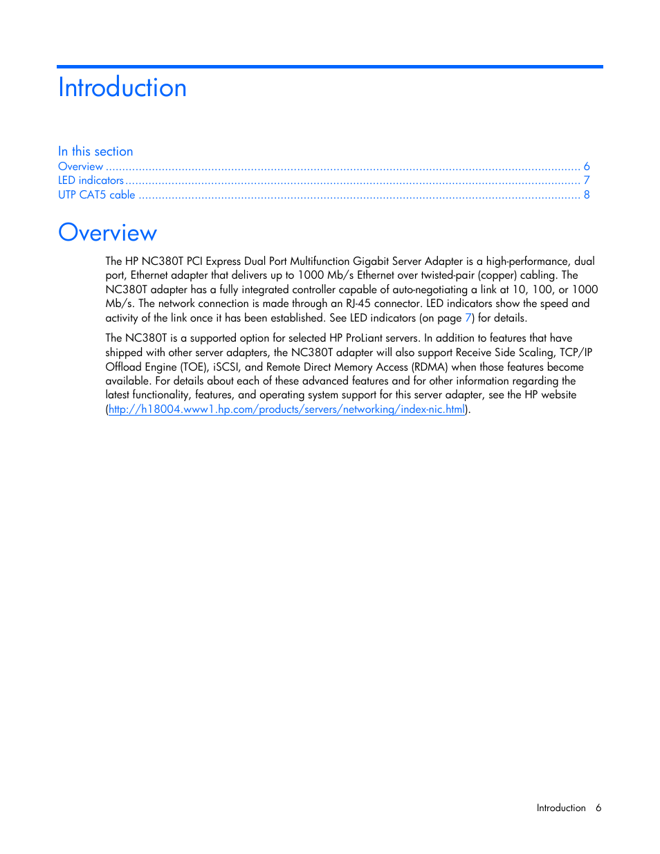 Introduction, Overview | HP NC380T PCI-E Dual Port Multifunction Gigabit Server Adapter User Manual | Page 6 / 25