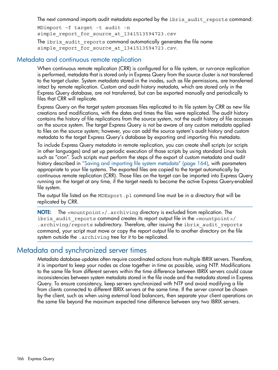 Metadata and continuous remote replication, Metadata and synchronized server times | HP StoreAll Storage User Manual | Page 166 / 254
