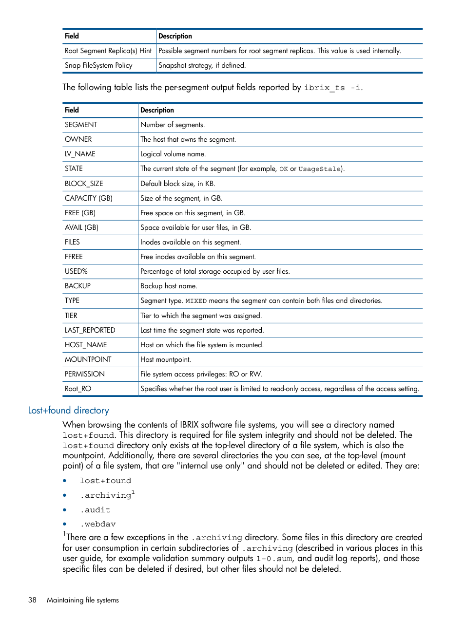 Lost+found directory | HP StoreAll Storage User Manual | Page 38 / 254