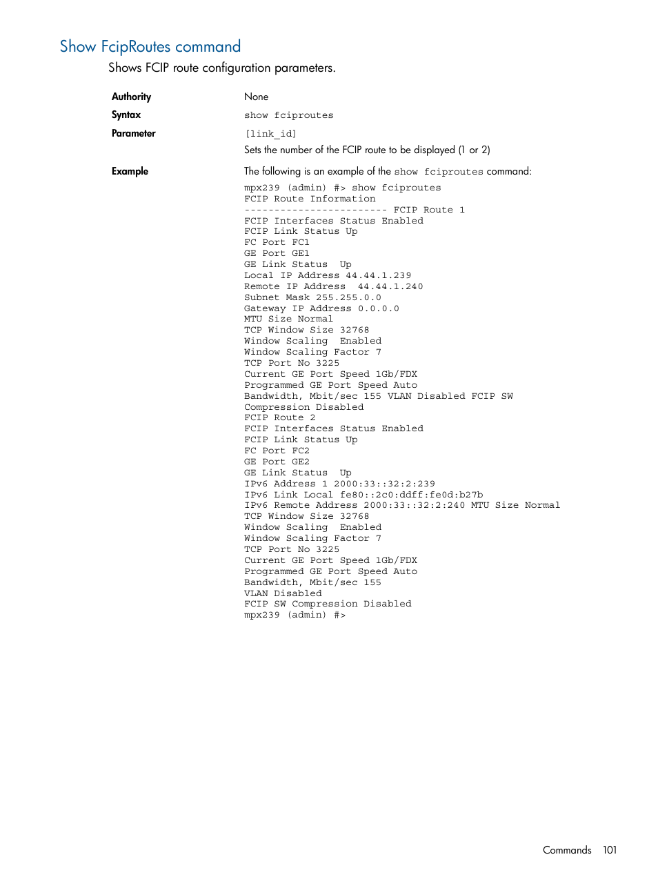 Show fciproutes command | HP IP Distance Gateway User Manual | Page 101 / 153