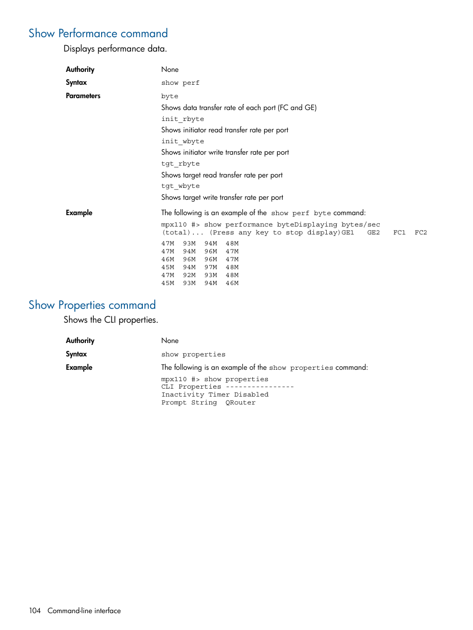 Show performance command, Show properties command, Show performance command show properties command | HP IP Distance Gateway User Manual | Page 104 / 153