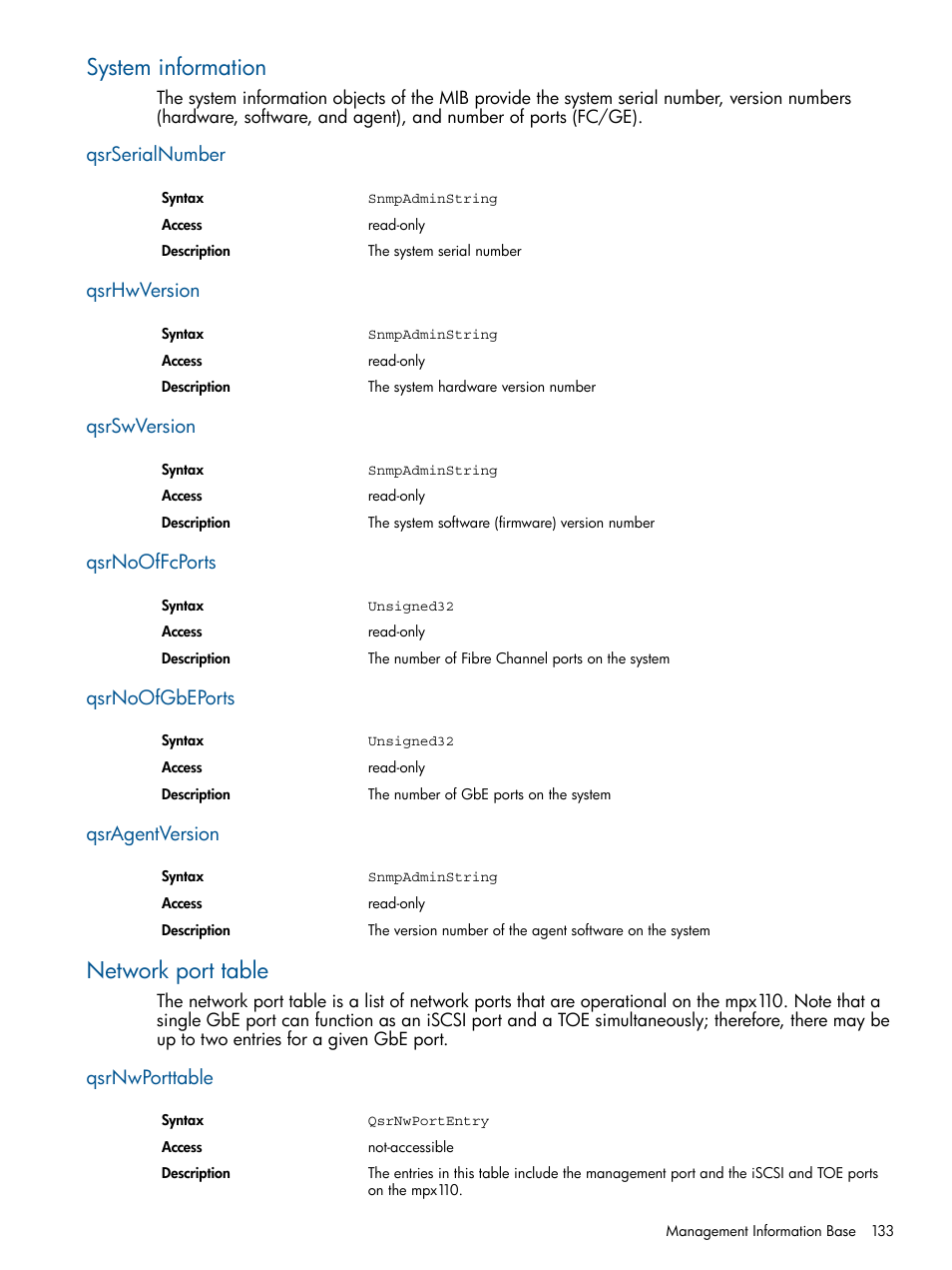 System information, Qsrserialnumber, Qsrhwversion | Qsrswversion, Qsrnooffcports, Qsrnoofgbeports, Qsragentversion, Network port table, Qsrnwporttable | HP IP Distance Gateway User Manual | Page 133 / 153