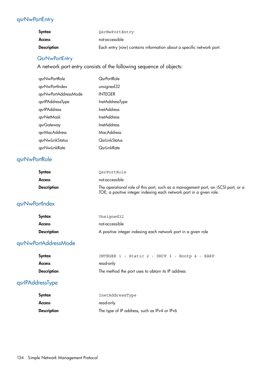 Qsrnwportentry, Qsrnwportrole, Qsrnwportindex | Qsrnwportaddressmode, Qsripaddresstype | HP IP Distance Gateway User Manual | Page 134 / 153