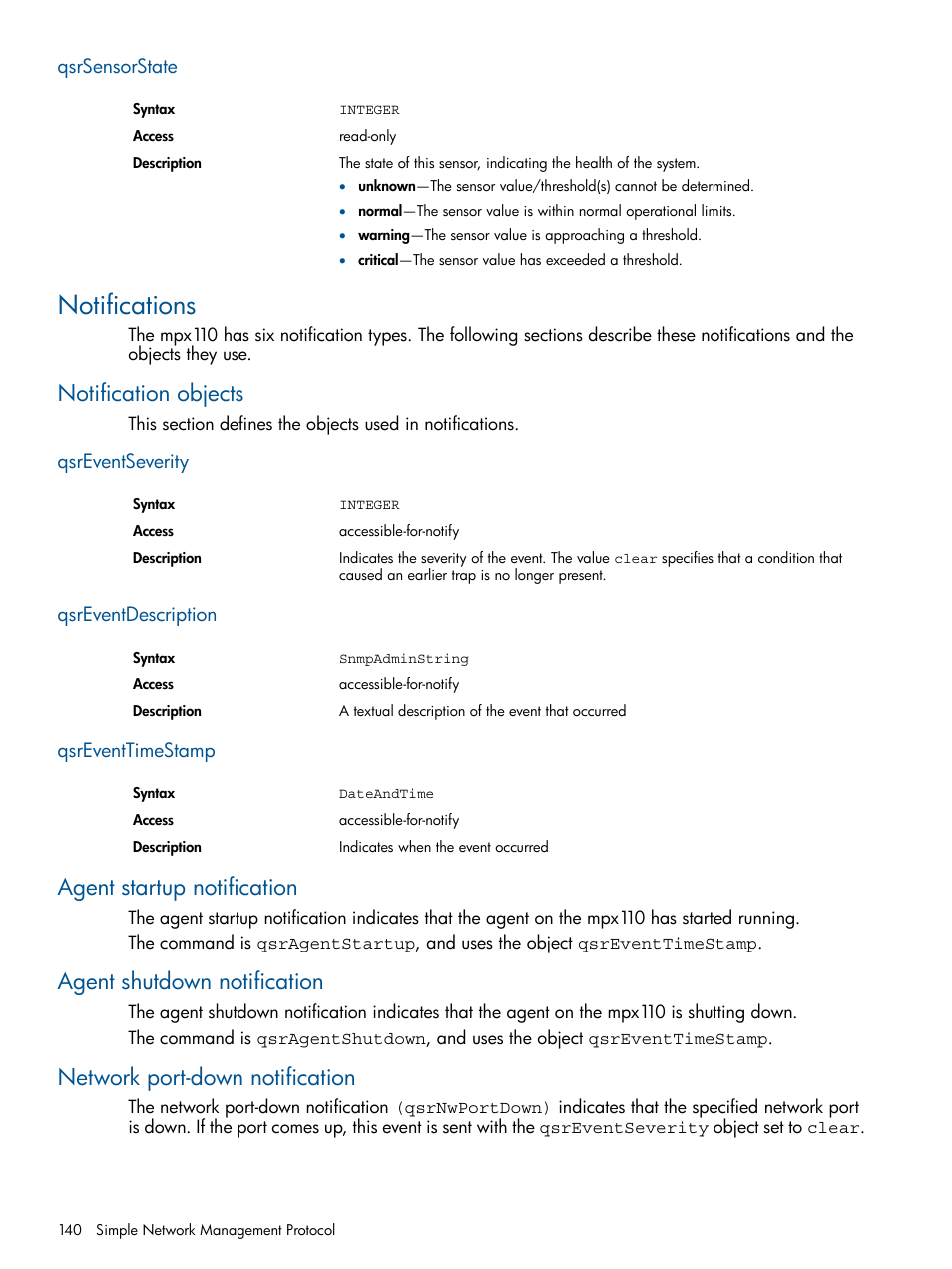 Qsrsensorstate, Notifications, Notification objects | Qsreventseverity, Qsreventdescription, Qsreventtimestamp, Agent startup notification, Agent shutdown notification, Network port-down notification | HP IP Distance Gateway User Manual | Page 140 / 153
