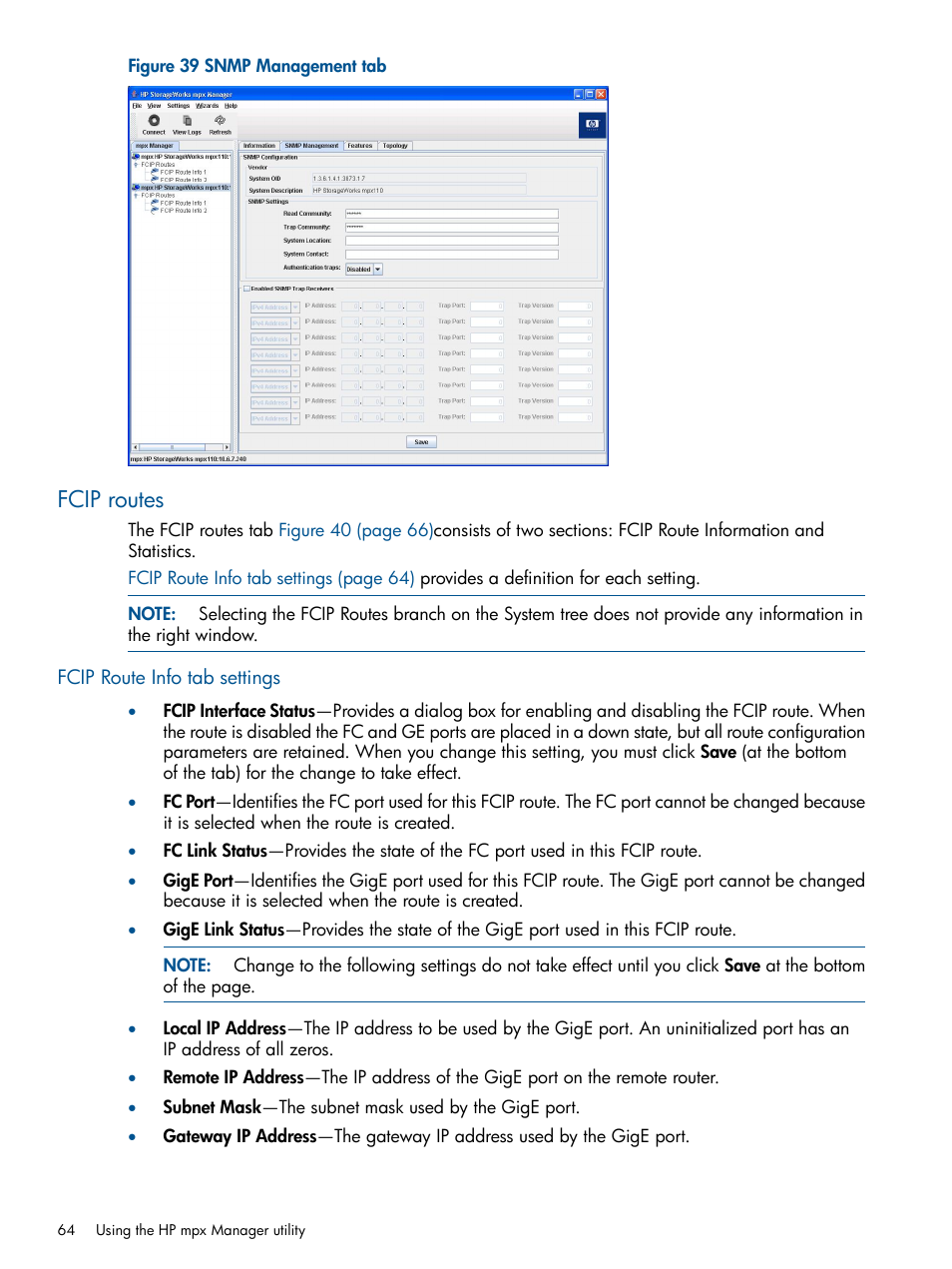 Fcip routes, Fcip route info tab settings | HP IP Distance Gateway User Manual | Page 64 / 153