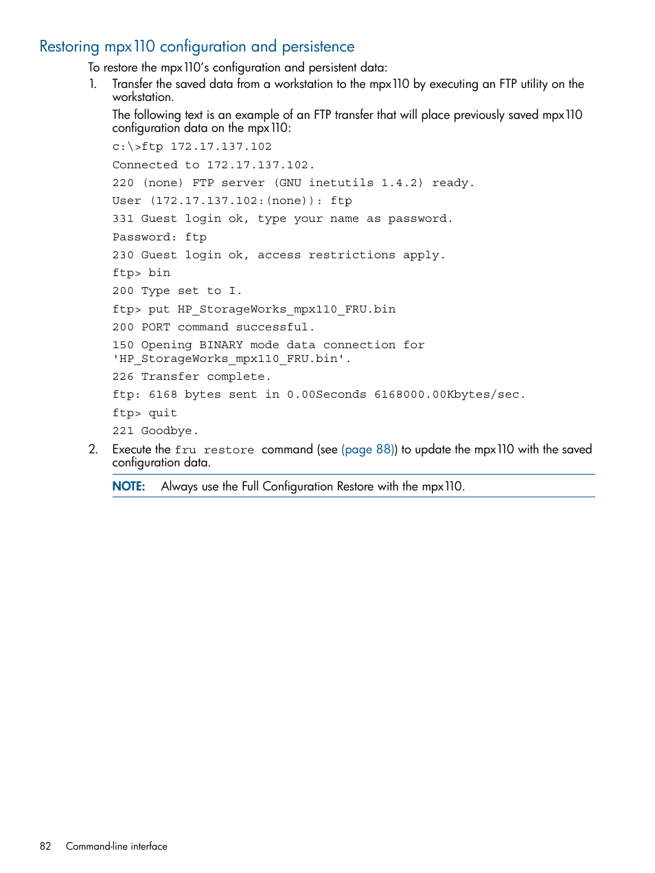 Restoring mpx110 configuration and persistence | HP IP Distance Gateway User Manual | Page 82 / 153