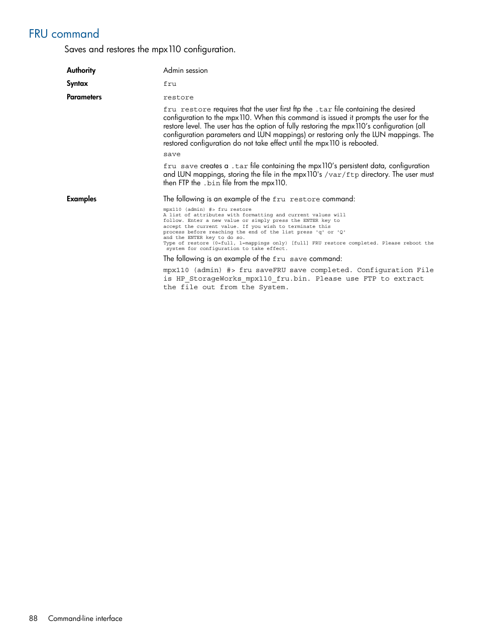Fru command | HP IP Distance Gateway User Manual | Page 88 / 153