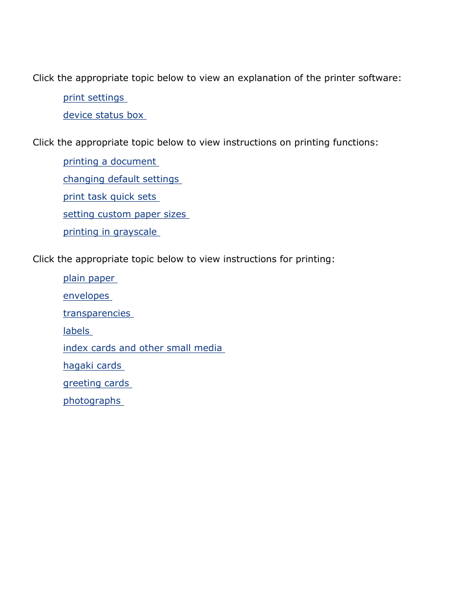 Printing, Print settings, Printing a document | Changing default settings, Print task quick sets, Setting custom paper sizes, Plain paper, Envelopes, Transparencies, Labels | HP Deskjet 3520 Inkjet Printer User Manual | Page 21 / 65