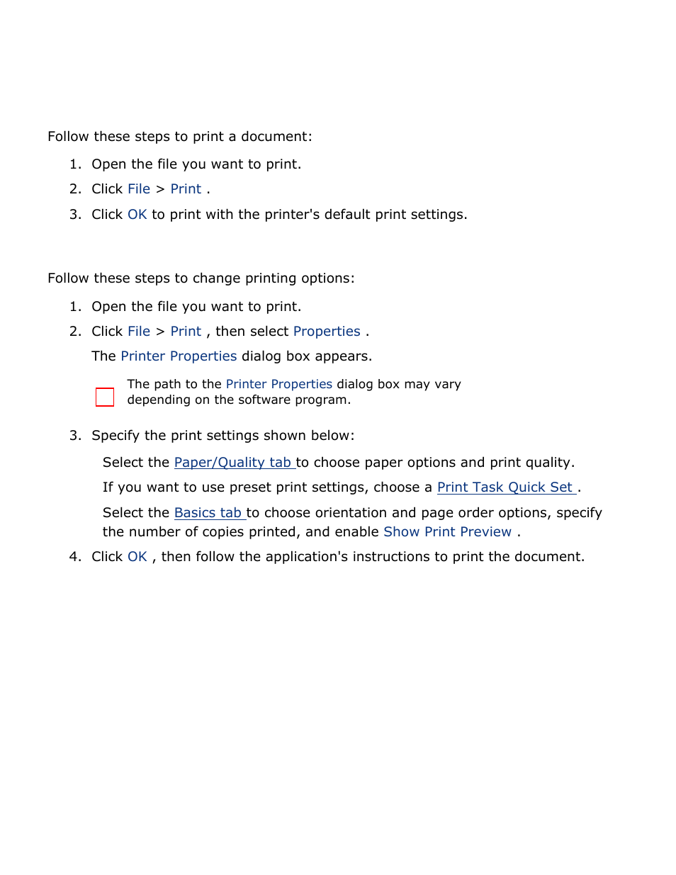 Printing a document, Basic printing instructions, Setting printing options | HP Deskjet 3520 Inkjet Printer User Manual | Page 26 / 65