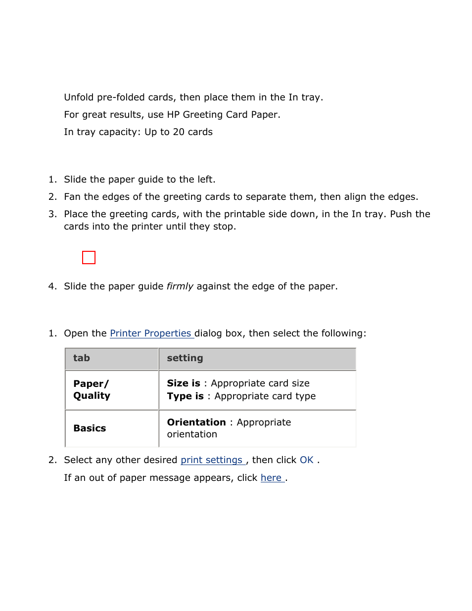 Greeting cards, Guidelines, Preparing to print | Printing | HP Deskjet 3520 Inkjet Printer User Manual | Page 42 / 65