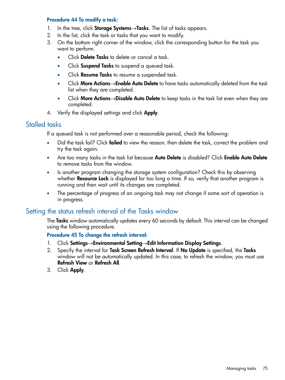 Stalled tasks | HP XP RAID Manager Software User Manual | Page 75 / 182