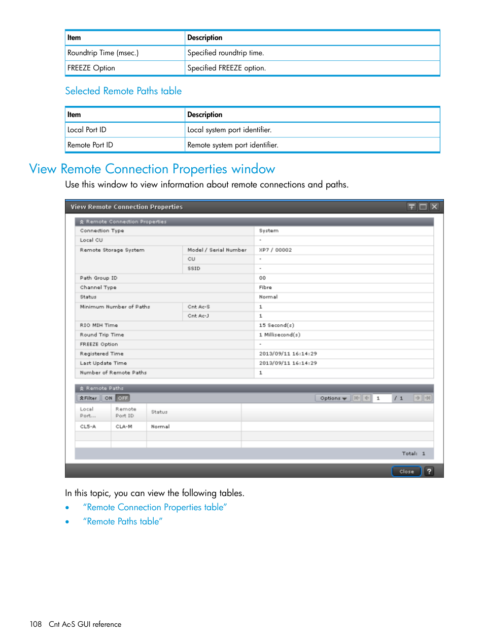 View remote connection properties window | HP XP Racks User Manual | Page 108 / 154