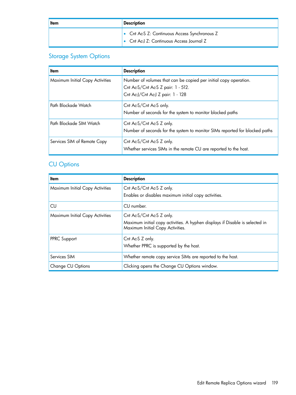 Storage system options, Cu options | HP XP Racks User Manual | Page 119 / 154