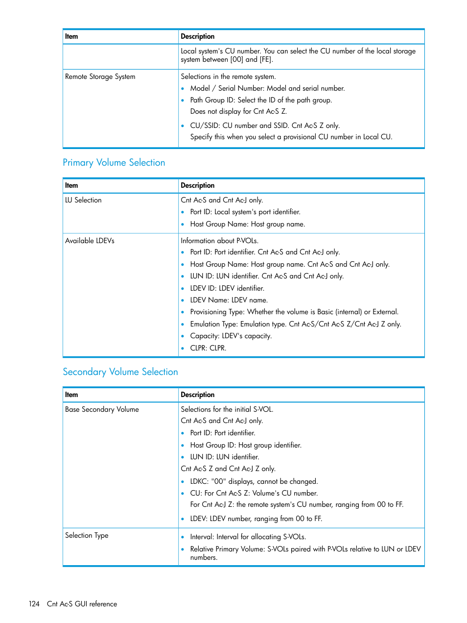 Primary volume selection, Secondary volume selection | HP XP Racks User Manual | Page 124 / 154