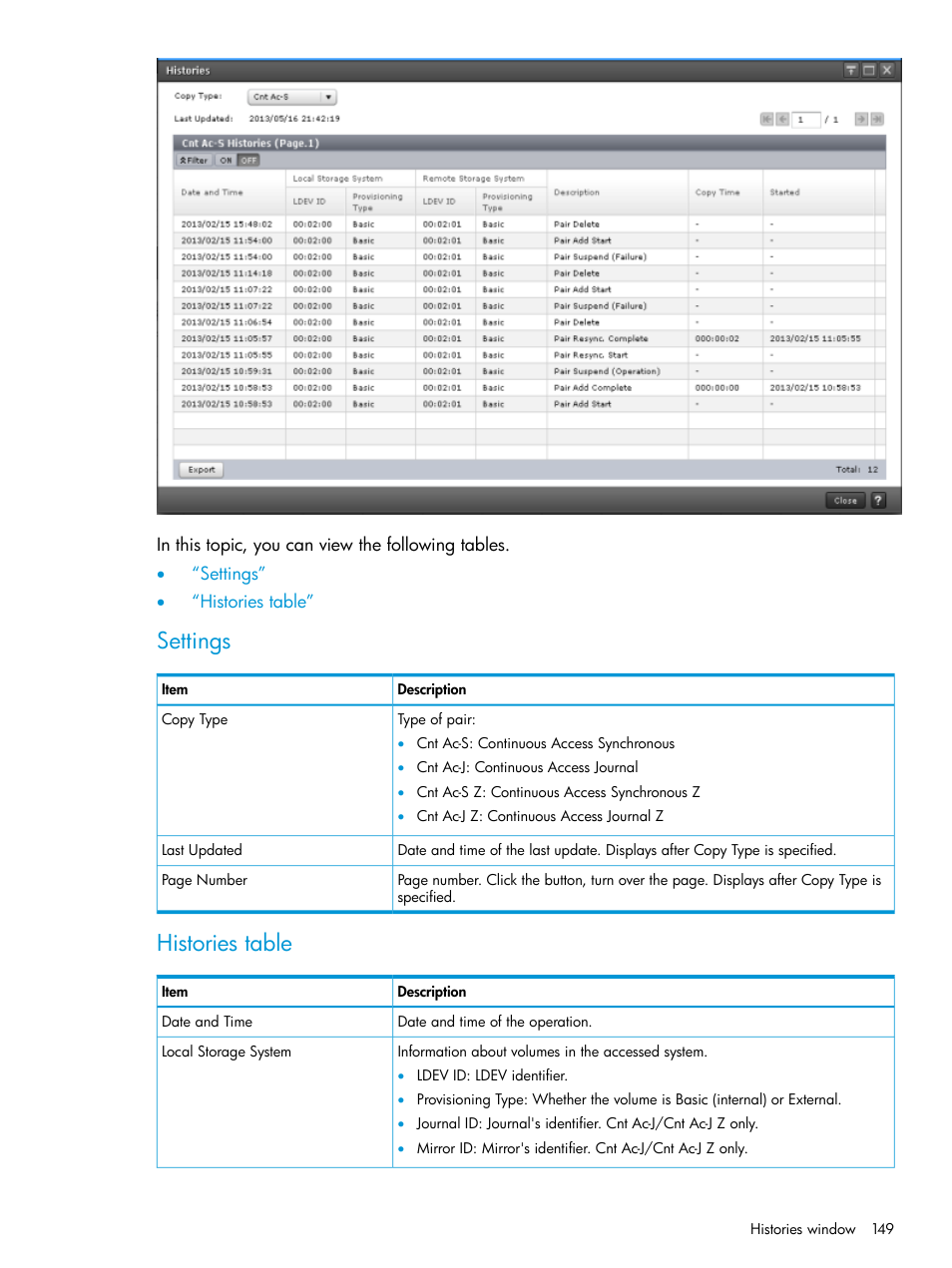 Settings, Histories table | HP XP Racks User Manual | Page 149 / 154