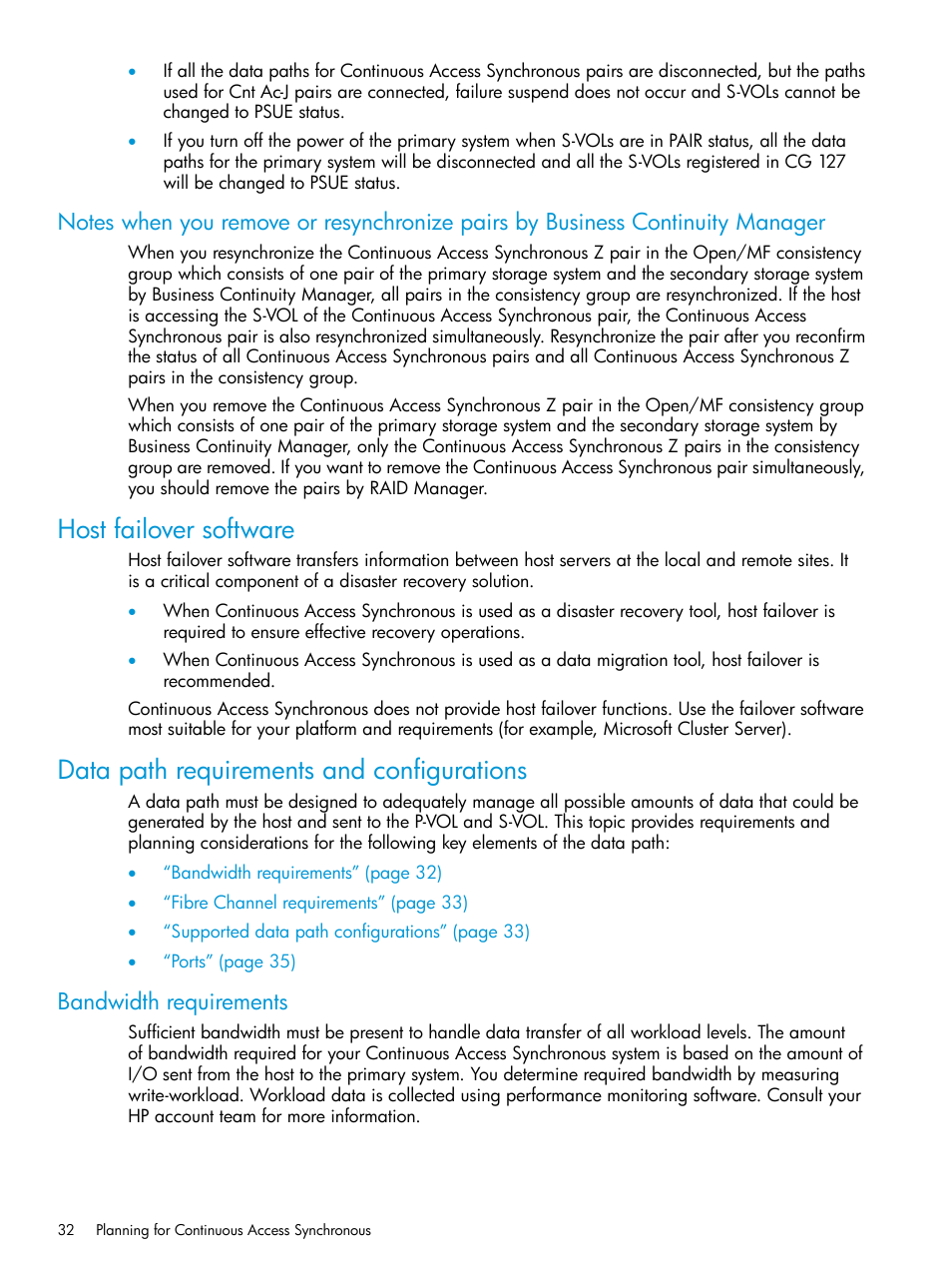 Host failover software, Data path requirements and configurations, Bandwidth requirements | Data path requirements and, Data path requirements | HP XP Racks User Manual | Page 32 / 154